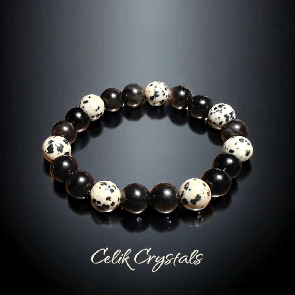 Silver Obsidian and Dalmatian Stone Bracelet 10mm Unisex - Picture 1 of 5